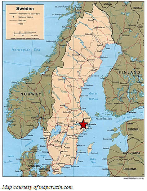 Map of Sweden showing Stockholm